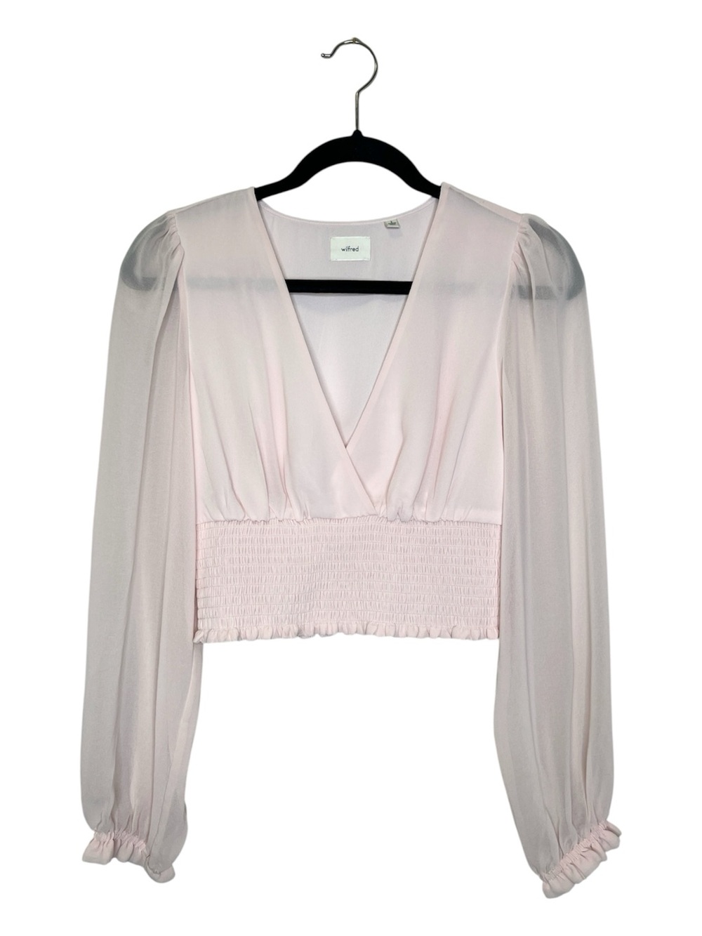 WILFRED Aritzia Wistful Smocked V Neck Sheer Sleeve Blouse in Pink size Small